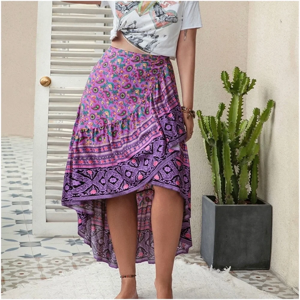 Boho Floral Paisley Print High Low Maxi Skirt - Picture 5 of 5